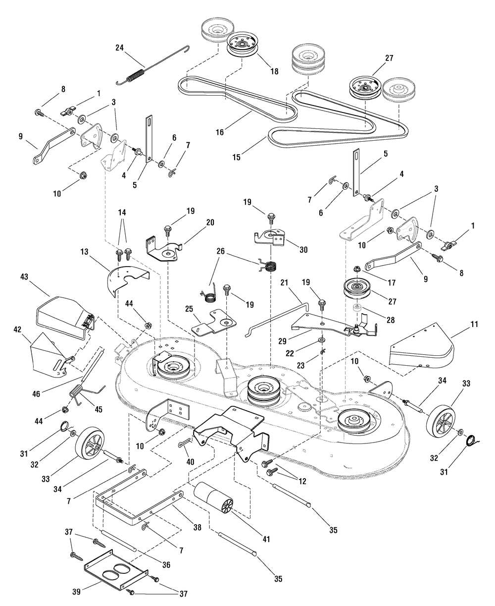 46" Mower Deck - Clutch And Support Diagram and Parts List for 7800400-ELT22460H 2009 Briggs and Stratton Lawn Tractor